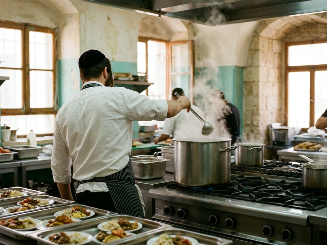 A cook stirring a steaming stockpot on the range in the community kitchen, trays of plated meals lined up in the foreground