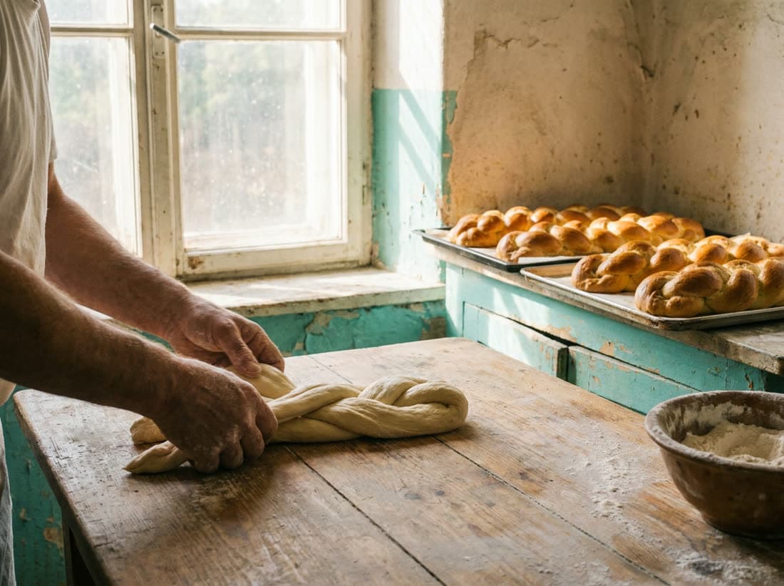 A baker braiding challah dough on a worn wooden table by a window, trays of finished golden challot on the counter behind