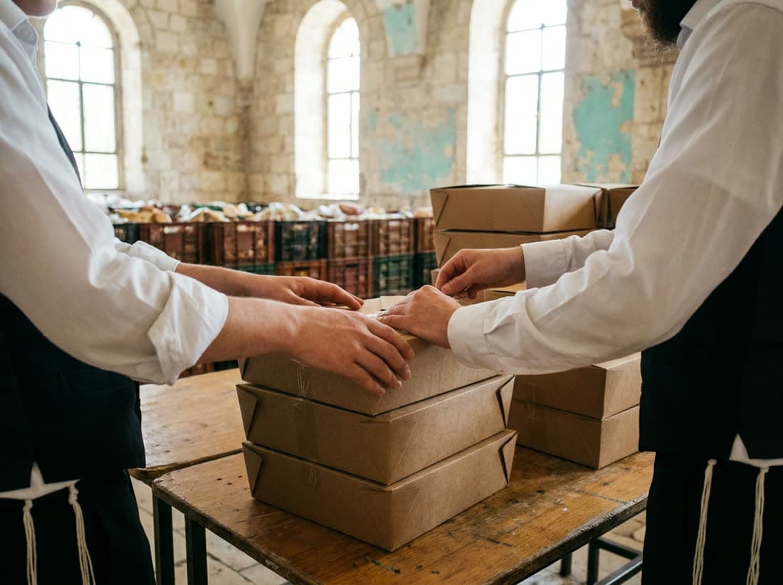 Two volunteers tying stacked cardboard boxes on a wooden table in a stone hall, crates of provisions ranged behind them