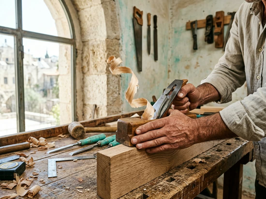 A carpenter planing a wooden beam at his workbench, shavings curling away, the rooftops of Tzfat through the arched window