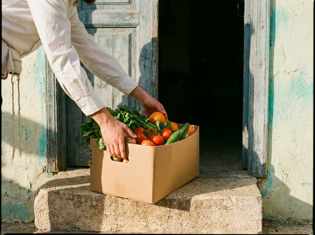 A box of fresh produce set down on the stone step of a weathered turquoise doorway